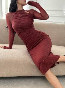 DAZY Women's Elegant Burgundy Red Sparkly Maxi Dress,Autumn Luxury Long Sleeve Formal Dress For Party Wear,Date Night Prom Homecoming Special Fabric Dress - Red - View 3