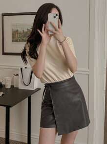 DAZY Women's Casual Solid Color Drawstring Wrap Skirt Leather Skirt - Dark Grey - View 2