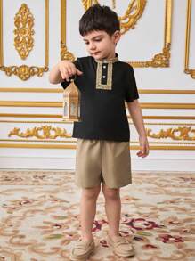 2-Packs Young Boy Casual Sports College Art Retro Half-Length Black T-Shirt And Khaki Shorts Set With Ribbons Suitable For Daily Use,School,Travel - Black - View 2