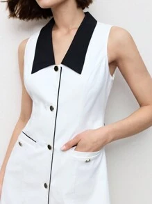 BizChic 白色无袖商务休闲迷你连衣裙，黑色衣领和金属纽扣，女士春夏 - 白色 - 查看 5
