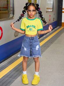 SHEIN Y2K Spring Summer Break Tween Girl's Distressed Ripped Frayed Edge Denim Jeans Long Shorts,Summer Boho Beach Holiday Concert Rave Outfits - Medium Wash - View 5