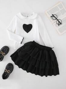 PrepCrw Young Girl Heart Decor Knit Fitted White T-Shirt & Black Mini Skirt 2 Pieces Set, Spring/Summer - Black and White - View 1