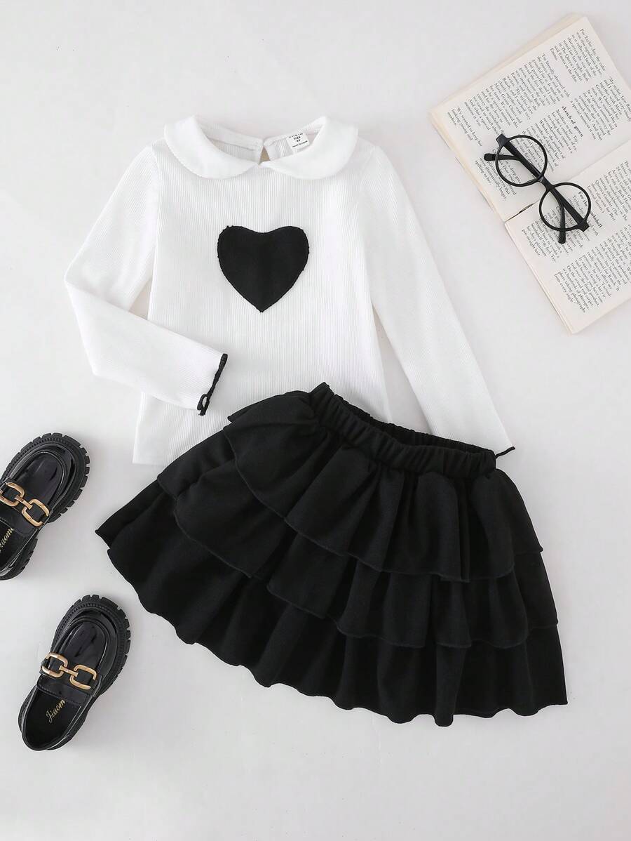 PrepCrw Young Girl Heart Decor Knit Fitted White T-Shirt & Black Mini Skirt 2 Pieces Set, Spring/Summer - Black and White - View 1