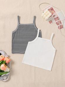 2pcs/Set Girls Casual Stylish Cute Ribbed Cami Tops - Multicolor - View 2