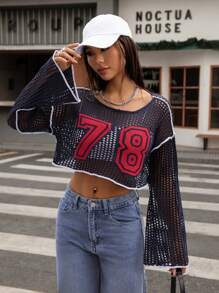 SHEIN Unity Vintage Hollow Netted Stylish Crop Knit Cover Up Sweater, Spring/Summer Knit Pullover Fall Winter - Royal Blue - View 1