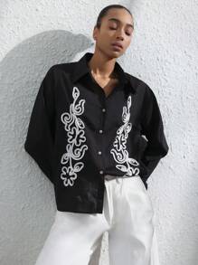 SHEIN Privé Minimalist Elegant Luxurious Retro Design Casual Versatile Black Lapel White 3D Embroidery Women Long Sleeve Shirt - Black - View 1