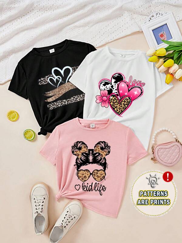SHEIN EZwear 3 piezas Camisetas cortas y ajustadas de cuello redondo con estampado de corazones, leopardo y lazo "LOVE" para niñas, apropiadas para el verano