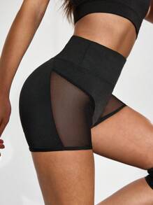 Menodora SHEIN Sport Women Solid Color Mesh Patchwork Cropped Tank Top And Shorts Sport Suit Workout Women Sets - Black - View 3