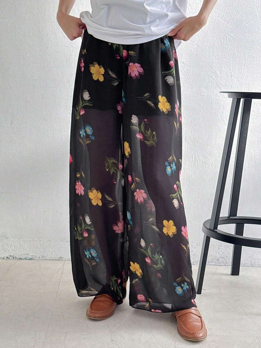 FRIFUL Quần dài thường ngày in hoa rộng rãi cho nữ, mặc hàng ngày - màu đen - Xem 1