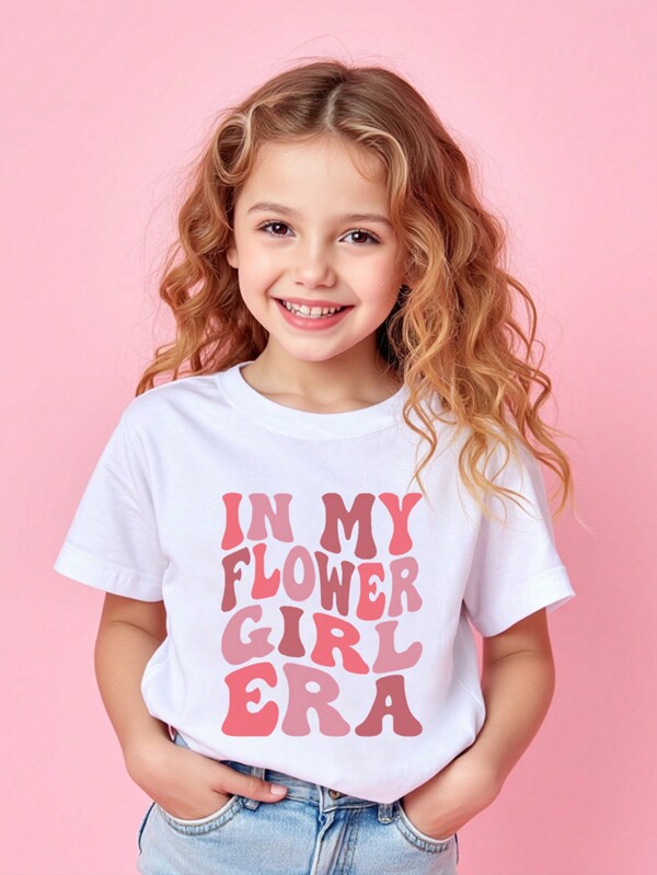 Kleine Mädchen Lässig Shirt mit "In Flower Girl" Englischtext Grafik, Kurzarm, weiß, geeignet für Schule, Party, Alltag
