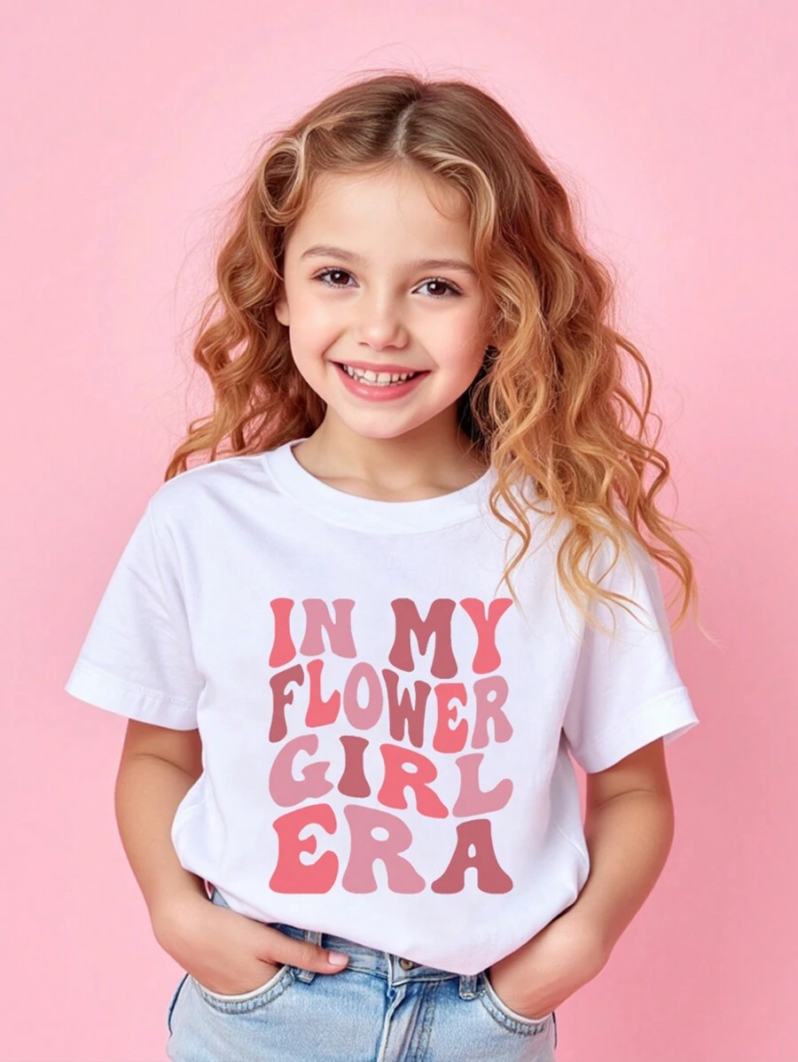 年轻女孩休闲“花姑娘”英文文字图形白色短袖T恤，适合学校、派对、日常穿着 - 白色 - 查看 1