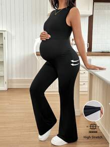 SHEIN 孕妇休闲纯色无袖连体裤 - 黑色 - 查看 1