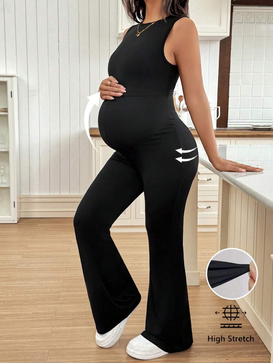 SHEIN 孕妇休闲纯色无袖连体裤 - 黑色 - 查看 1