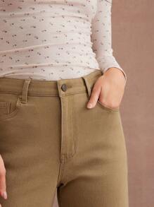 WESTFADE Spring High Rise Loose Fit Straight Leg Cuffed Denim Jeans Western Wear Women - Khaki - View 4