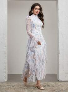 Graceveil Women's Floral Print Ruffled Trim Tie-Back Modest Elegant Dress - Multicolor - View 5