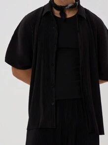 Musero Ribbed Short Sleeve Collared Button Through Oversized Shirt Spring Summer Essentials - Black - View 4