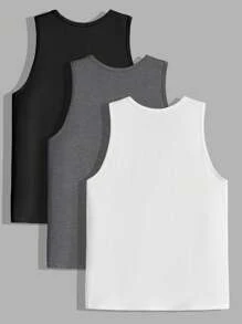 Manfinity VCAY 3pcs Pack Men's Solid Color Crew Neck Sleeveless Casual Knitted Tank Top - Light Grey - View 2
