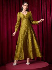 Modelyn Women's Pleated V-Neck Puff Sleeve Chic Dress Fall Cloth For Women