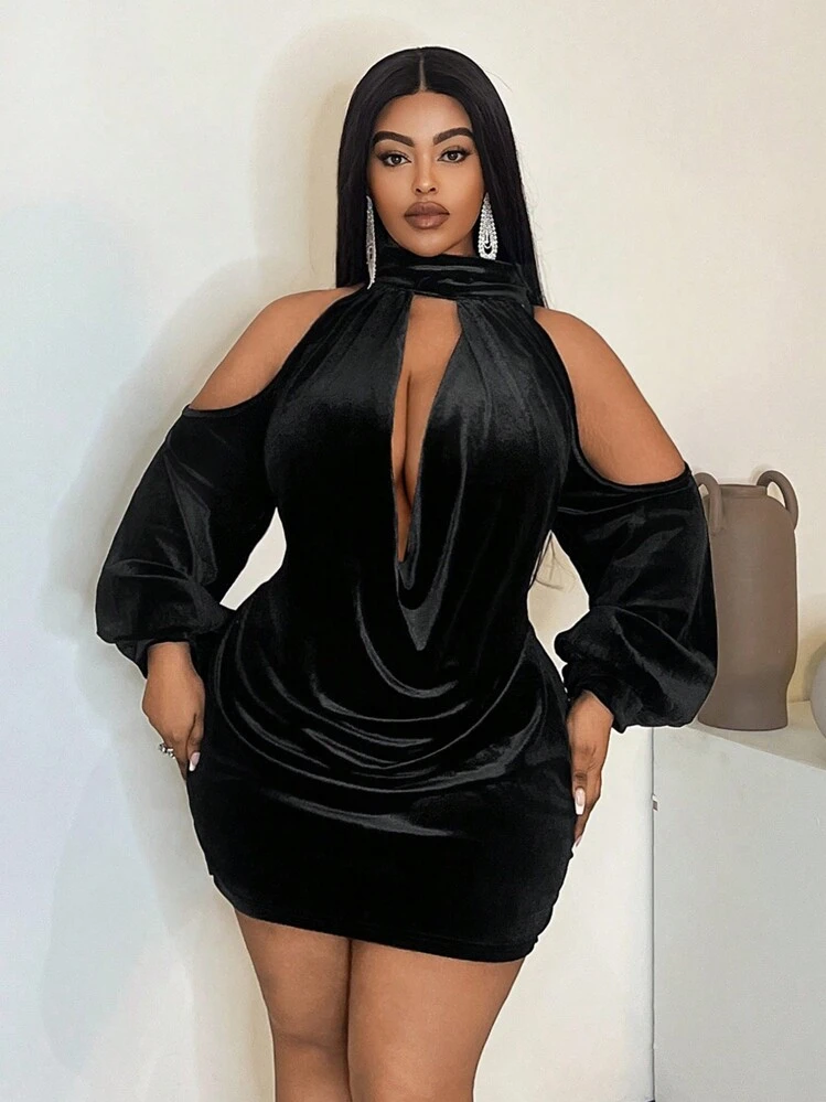 Maweii Plus Size Sexy Plunging Draped Neck Open Shoulder Party