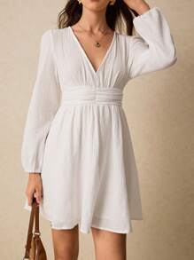 Poéselle Women Solid Color V-Neck Lantern Sleeve Ruched Waist Dress