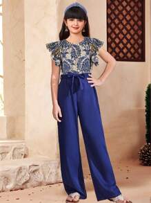 SHEIN Leap Crew Tween Girls' Print Ruffle Trim Cap Sleeve Jumpsuit, Bohemian Vacation Style, Suitable For Spring Travel & Holiday - Blue - View 1