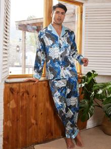 Herren Schlafanzug Set mit Full-Muster Muster, bestehend aus Langarm-Oberteil und langer Hose