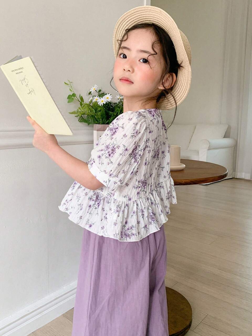 2pcs/Set Young Girl Square Collar Short Sleeve Printed Casual Top And Pants Set Easter