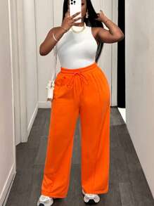 Slaydiva Women Plus Size 2 Pieces Set: White Ribbed Racerback Tank Top And Wide Leg Sweatpants In Orange, Casual Sports Wear For Spring/Summer