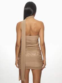 MISSGUIDED Ruched Bandeau Mini Party Dress With Neck Tie Detail Sleeveless Evening Club Wear Satin-Look Bodycon - Champagne - View 2