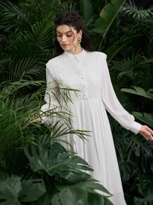 Mulvari Simple Solid Color Button Front Long Sleeve Casual Elegant Dress - White - View 7