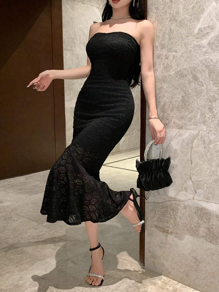 Women Lace Patchwork Wrap Bandeau Mermaid Midi Dress, Spring/Summer Prom Dress Elegant Sundress,Formal Women Dresses