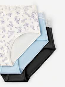 LUVLETTE Plus 3-Pack Airy Soft Cotton Basic Floral Print Lingerie Lace Trim Mid-Waist Women Underwear Briefs-Lingerie Lace