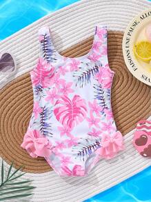 Baby Girls' Tropical Print Bow Ruffles One Piece Swimsuit, Baby Summer Beach Vacation Swimwear - Multicolor - View 2