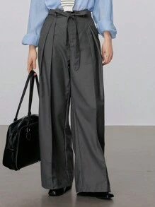 DAZY Women's Removable Tie Up Wide Leg Casual Straight Pants With Pleated Design Business Attire - Dark Grey - View 3