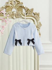 SHEIN Young Girl Front Button Long Sleeve Bow Decor Simple Jacket And Dress Set - Blue - View 11
