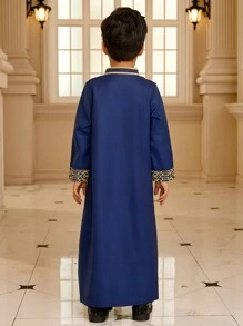 Young Boy Geometric Print Patchwork Ribbon Collar Long Sleeve Long Shirt - Royal Blue - View 2