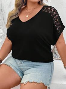 SHEIN CURVE+ Plus Contrast Lace Dolman Sleeve Tee Boho Vacation - Black - View 9