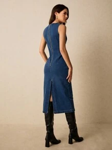 Poéselle Vestido vaquero largo de mujer de ajuste ceñido sin mangas y cuello redondo, vestido vaquero elegante, FW25