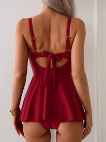 Swim Lushoire Women's Solid Color Backless Camisole & Shorts Tankini Set, For Summer Beach Vacation