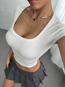 Flirla 1pc Women's Casual Square Neck Ribbed Short Sleeve T-Shirt With Padding, White, Versatile For All Seasons