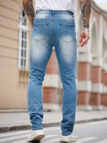 Manfinity Homme 男式休闲修身破洞口袋蓝色牛仔裤 - 淺色水洗藍 - 查看 3