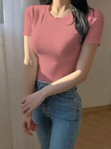 DAZY 纯色修身圆领 T 恤，休闲百搭 - 粉色 - 查看 4