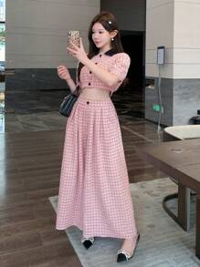 DAZY 2pcs Women Set Contrast Plaid Front Button Blouse And Long Pants Suit
