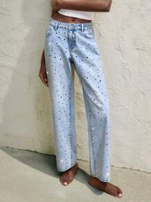 Maija Pantalones vaqueros de mujer de tiro bajo y pierna recta con lentejuelas brillantes para primavera y verano
