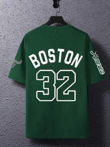 Manfinity Homme Áo thun cổ tròn tay ngắn in chữ cỡ lớn cho nam - Màu xanh lá cây đậm - Xem 2