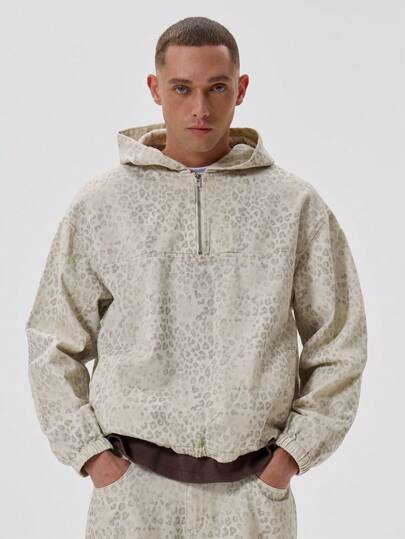 Musero Chaqueta con capucha de manga larga y cremallera de cuarto con estampado de leopardo, para primavera y verano