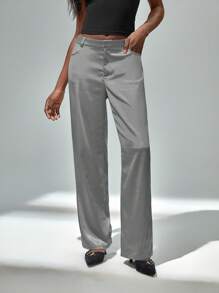 SHEIN Unity 时尚假日简约灰色缎面亮面修身优雅女裤 - 淺灰色 - 查看 6