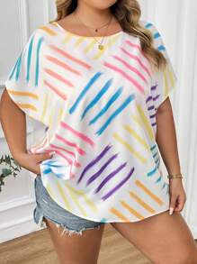 SHEIN CURVE+ Women Plus Size Casual Loose Striped Print Round Neck Blouse, Suitable For Summer Vacation
