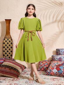 SHEIN Leap Crew Tween Girl Elegant Solid Color Round Neck Short Sleeve Sleeveless Woven Dress - Green - View 1