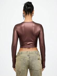 SUMWON WOMEN Metallic Long Sleeve Crop Top Y2K Fashion Club Party Wear Slim Fit Stretchy Mock Neck Dance Performance Rave Festival Aesthetic Streetwear - Burgundy - View 2